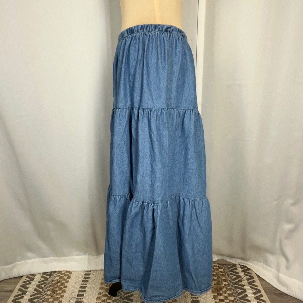 Vintage Blues Tiered Denim Maxi Skirt Elastic Waist Sz M/L Western Prairie READ - Picture 5 of 8